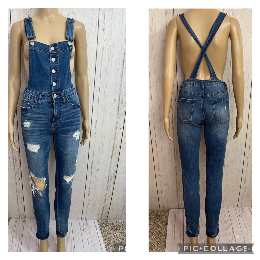 Aero Aeropostale Denim Bib Coverall Button Fly Jeans Distressed